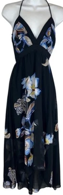 Vestido maxi White House Black Market 00 XS preto azul marrom branco floral alto baixo - Imagem 1 de 4