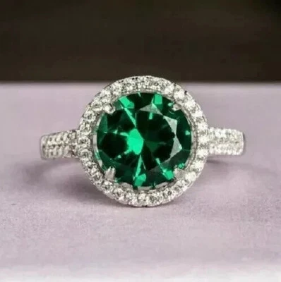 2Ct Lab-Created Green Emerald Diamond Halo Engagement Ring 14K White Gold Finis - Image 1 of 3