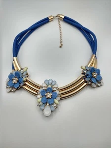 Gold Tone Statement Necklace With Blue Flowers on Blue Cord 13" + 3" extender - Picture 1 of 16