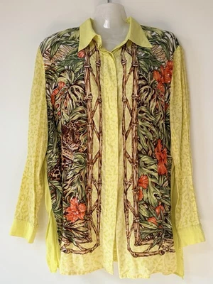 Blusa túnica 100 % seda leopardo verde selva amarillo grande Diane Gilman de colección Foto 1 de 4