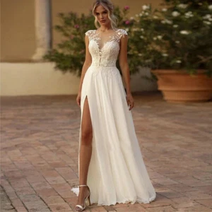 Elegant A-Line Wedding Dresses Round Neck Side Slit Lace Applique Bridal Gowns - Picture 1 of 9
