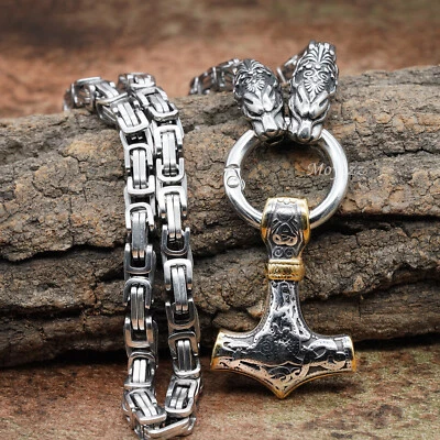 Cadena de collar colgante Thors Hammer de acero inoxidable pesado de oro 3D de 25 pulgadas para hombre Foto 1 de 4