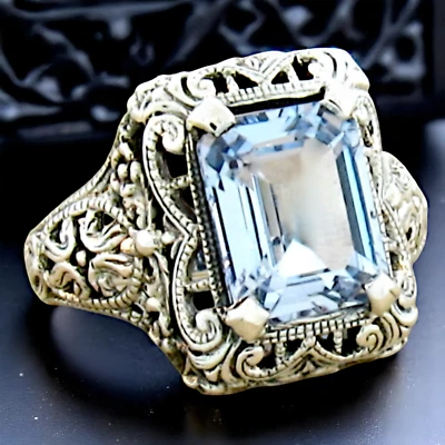 VICTORIAN STYLE 925 STERLING SILVER 4 Ct SIMULATED AQUAMARINE RING          #343 - Image 1 of 3