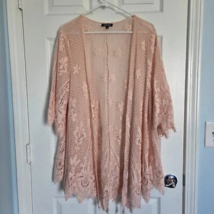 Torrid Scalloped Floral Lace Kimono Cardigan Sz 1X/2X Pink Cotton Boho Festival - Picture 1 of 11