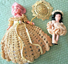 1940s Plastic Dolls (2) Yellow crocheted Dresses 7" & 5.5" tall Pink & BlackHair