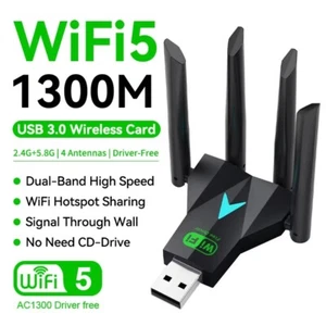 Adaptateur WIFI sans fil USB 3.0 1300 Mbps longue portée dongle double bande réseau 5 GHz - Photo 1/7