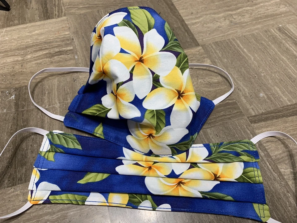 Blue Plumeria Hawaiian Adult Face Mask Reuseable Reversible 100% Cotton  - Image 1 of 1