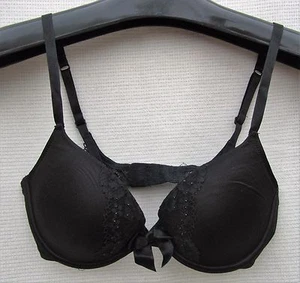 H & M Black 32C PUSHUP Satin PLUNGE Sexy Bow Bra FREE SHIP 32 C Sparkle Lace - Picture 1 of 3