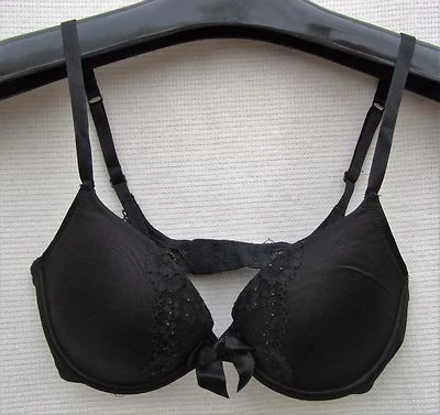 H & M Black 32C PUSHUP Satin PLUNGE Sexy Bow Bra FREE SHIP 32 C Sparkle Lace - Image 1 of 3