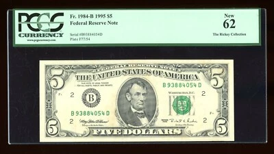 DBR 1995 $5 FRN New York Fr. 1984-B PCGS 62 Serial B93884054D - Image 1 of 2
