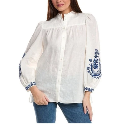 Camisa Weekend Max Mara Carnia Lino 8 Blanco Azul Bordado Túnica Boho Foto 1 de 4