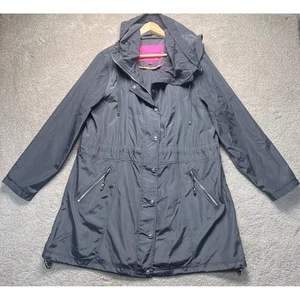 Betsey Johnson Gray Y2K Raincoat Anorak Jacket Hooded Drawstring Zip RETRO L - Picture 1 of 12