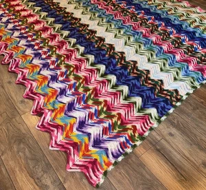 Vtg 70s Crochet Handmade Afghan Multicolor Throw Blanket Chevron Zig Zag 7ftx6ft - Picture 1 of 6
