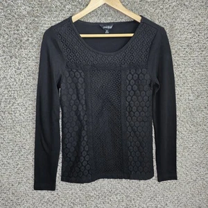 Lucky Brand Top Womens Medium Black Lace Overlay Scoop Neck Tee - Picture 1 of 7