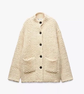 Zara High Neck Knit Coat Ecru Size S Ref 9598:245 - Image 1 of 4