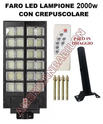 JORTAN ROYAL AERBES FARO LED LAMPIONE STRADALE 2000W SOLARE SENSORE CREPUSCOLARE TELECOMANDO + PALO