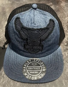 Harley-Davidson Road Captain Trucker Denim Snapback Hat Cap Denim Blue New - Picture 1 of 7