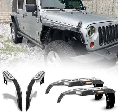 4 brotes de guardabarros delanteros y traseros para Jeep Wrangler JK JKU 2007-2018 con luces LED Foto 1 de 4