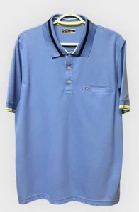 Callaway Polo Shirt Mens Sz L Blue w/ Blk, Yellow & White Stripes Front Pocket - Picture 1 of 9