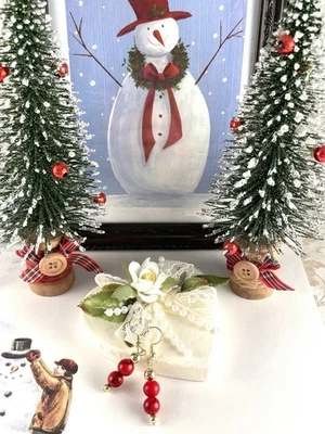 Pendientes colgantes dorados rojos de Navidad para mujer hechos a mano joyería artesanal vacaciones Foto 1 de 4