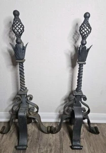 Vintage Fireplace Andirons Wrought Iron 30" Victorian Style - Picture 1 of 9