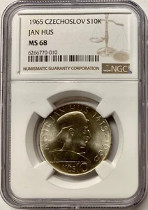 1965 Tschechoslowakei Silber 10 Korun Jan Hus NGC MS68 - Bild 1 von 4