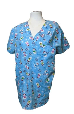 Cassandra O Womens Medical Nursing Scrub Sz M 3 Pocket Snowman Christmas Winter - Image 1 of 4