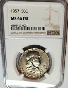 1957-P Franklin Half Dollar 50C MS66 FBL NGC High Grade Beauty !!! - Picture 1 of 2