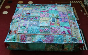 Indian square 35" Vintage Turquoise cotton Patchwork Ottoman Floor Cushion cover - Picture 1 of 4
