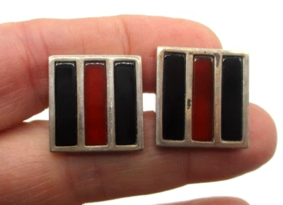 SIGNED NOVA STERLING SILVER CUFFLINKS with BLACK ONYX & RED GEMSTONE - Image 1 of 4