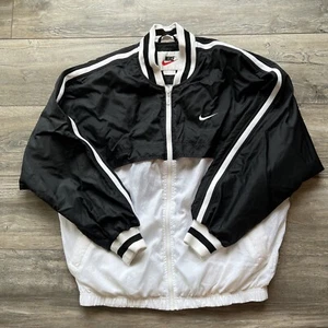 VTG Rare 90s Nike Windbreaker Jacket Swoosh Bomber Black SZ L 12-14 Adult Band - Picture 1 of 13