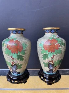 Pair Vintage Chinese Cloisonne Vases  Tan Cloisonne Enamel Meiping Vases 5” H - Picture 1 of 9