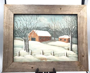 KY Artist Hallie Brunson Signed Winter Country Painting Barnwood Frame Folk Art - Picture 1 of 2