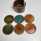MCM VTG Agate Brazilian Wood Round Felt Back Drink Coasters Geode Stone Set Of 6