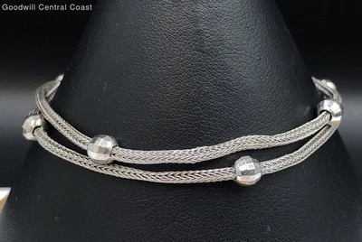 925 Silver Double Mesh Chain Bead Accents Claw Clasp Bracelet - Image 1 of 4