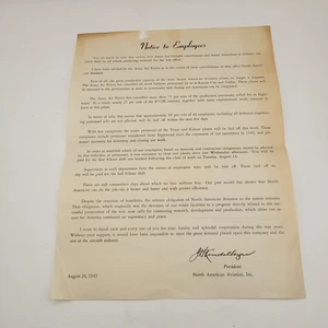 Avviso di licenziamento originale 1945 aviazione nordamericana fine guerra Kindelberger - Foto 1 di 4