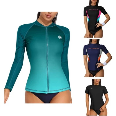 Women's Long Short Sleeve Rash Vest  UPF 50+ Sun Protection Swim Shirt Top - Image 1 of 4