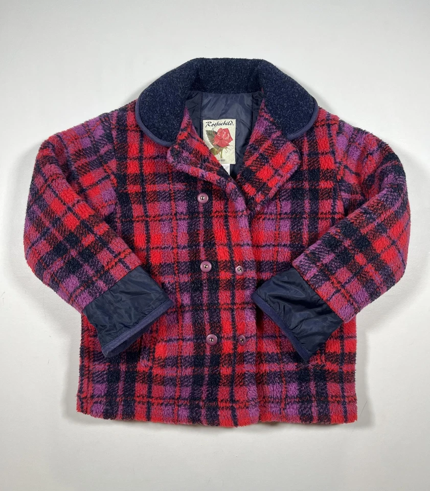 Casaco Rothschild meninas 7/8 vermelho roxo xadrez peito duplo casaco de pavão forrado a quente - Imagem 1 de 4