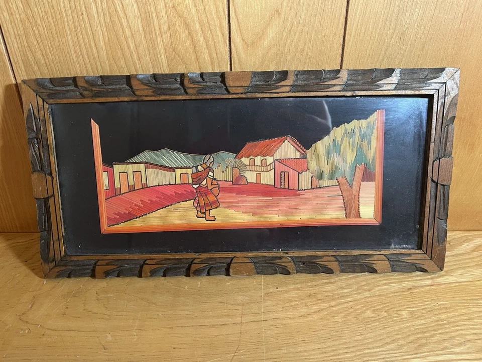 Rare Vintage Mexican Tin Box With Straw Mosaic Picture - Image 1 of 4