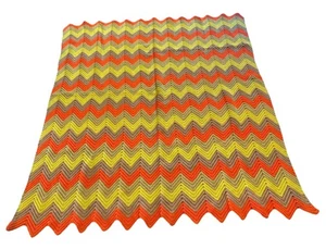 Vintage Chevron Afgan Blanket Orange Brown Yellow Crochet Knit 65”X 56” 60s 70s - Picture 1 of 3