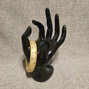 Vtge Yellow Frosted Lucite Bangle Bracelet Clear Rhinestones  Mid-Century Glam - Picture 1 of 12