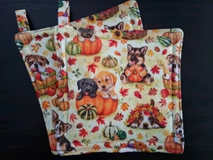 Potholders, handmade set of 2, Pups In The Pumpkin Patch - Picture 1 of 1