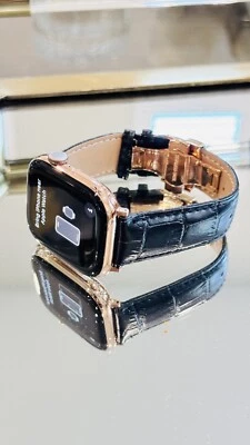 24k ROSE Gold Plated Apple Watch Series 10 46mm Black Leather Band CUSTOM - Image 1 of 4