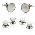 Mother of Pearl Cufflinks and Studs Tuxedo Set White Silver Formal Set Round 