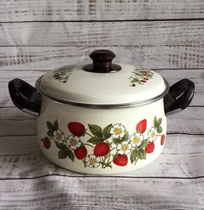 Vintage Sheffield Strawberries N Cream Enamel Dutch Oven And Lid 9.5” Large - Picture 1 of 8