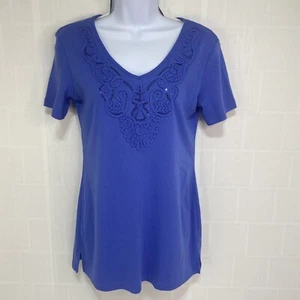 Karen Scott Womens Top sz S Blue Sequined Embroidered Neck Short Sleeve Knit - Picture 1 of 12