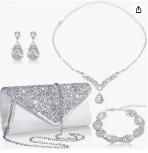 Tiamon women's 4 Pcs Rhinestone Jewelry Sets earrings,necklace,bracelet,handbag - Picture 1 of 7