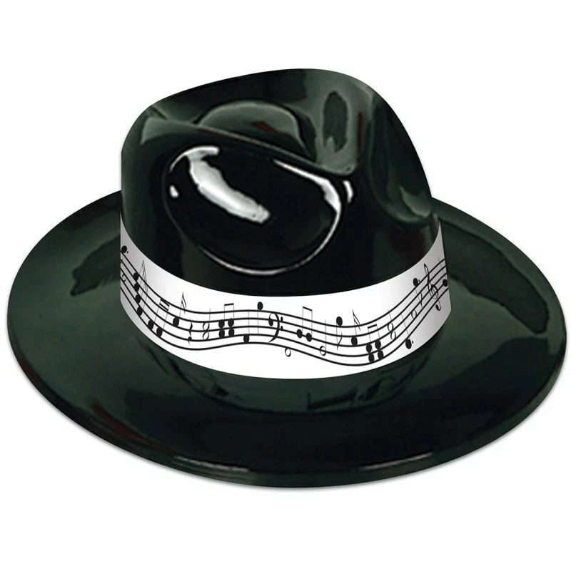 Music Notes Black Plastic Fedora Hat Adult Size Fits Most Musical Decorations - Image 1 of 1