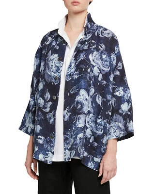 NWT Eskandar Size 1 Floral Navy Linen Sloped Jacket $950 Current Season!!! - Image 1 of 4