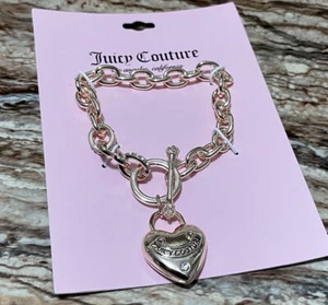 Juicy Couture Jewelry Rose Gold Toggle Bracelet Crystal Pave Heart Charm - Picture 1 of 6